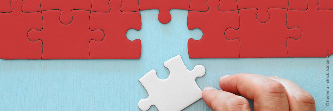 Das Foto zeigt eine Reihe miteinander verbundener roter Puzzleteile, in der Mitte fehlt ein Teil. Das fehlende weiße Puzzleteil liegt schräg davor und wird von einer Hand berührt.